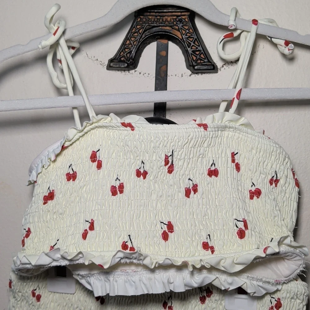 Fin & Vince Cherry Print Smocked Bikini White Red Summer Beach Girls Size 8/9